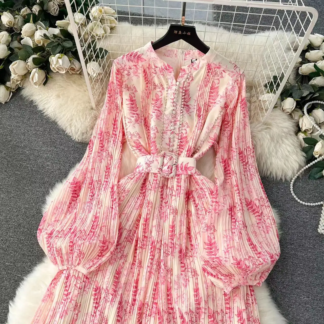 Elegant French 2024 Spring Pink Flower Print Pleated Dress New Runway Women O Neck Puff Sleeve Chiffon Holiday Belt Long Vestido