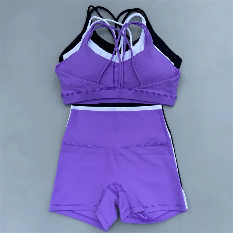 Solid Color Gym Yoga Set Short Legging 2pc +Cross Y Shape Sport Bra Tracksuit Athletic Women Suit Comprehensive Training Jogging