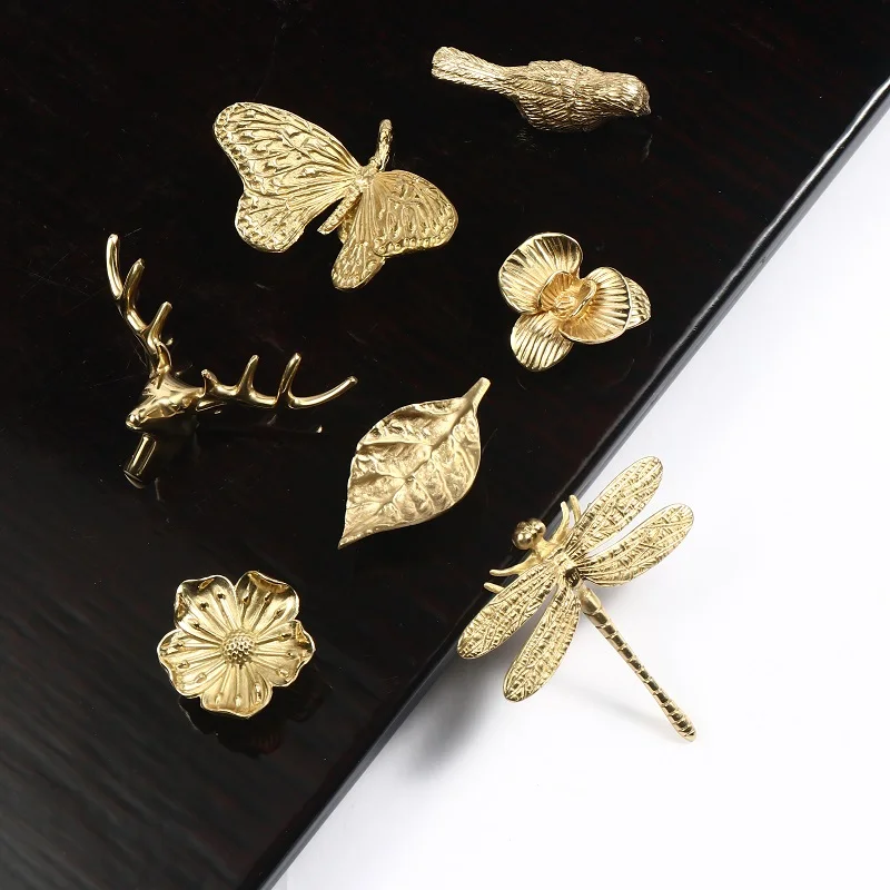 American European Retro Brass Small Butterfly Orchid Handle Wardrobe Cabinet Shoe Cabinet Drawer Cabinet Door Pure Copper Handle