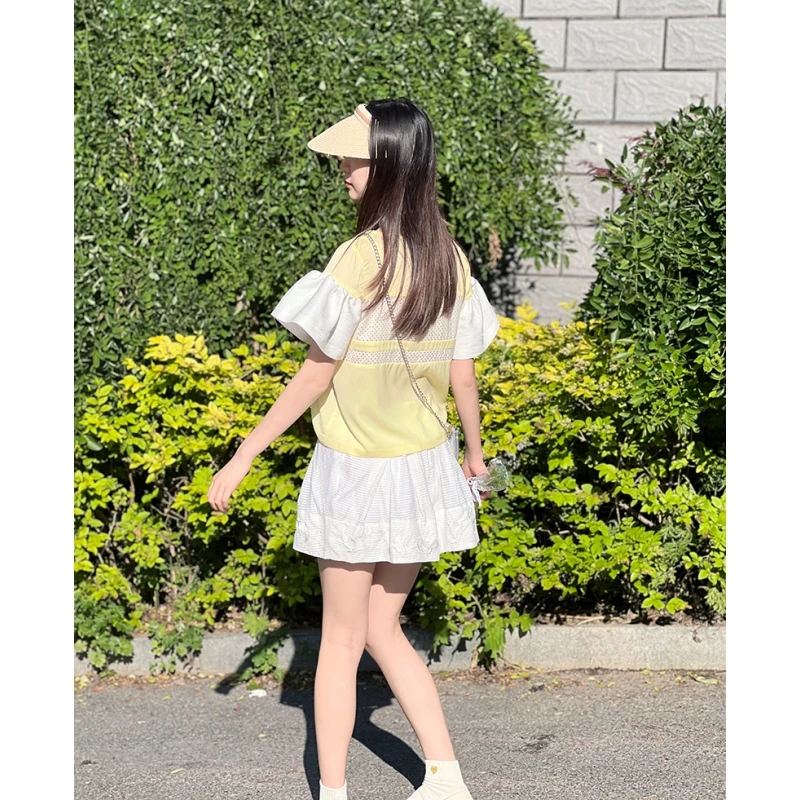 韓国風サマーファッションセット 女の子用 ベルスリーブと刺繍入りスカート ドルフィン柄ポリエステルスカート...