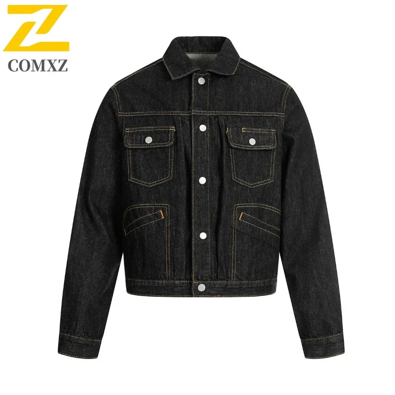

COMXZ Men's Varsity Jacket Washed Denim Camping High Quality American Retro Workwear Walking Coat Travel Durable Soft Jackets