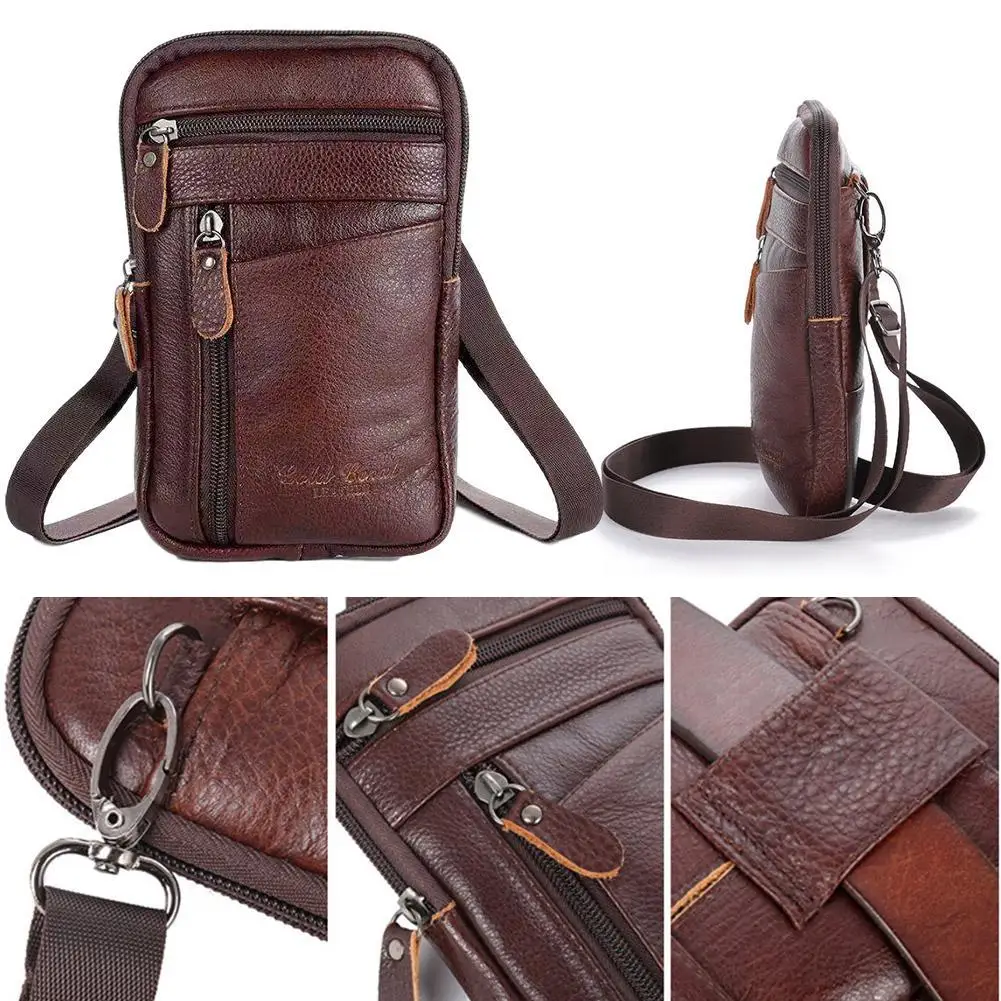 Men Leather Waist Pack Vertical Multi-functional Large Capacity Single Shoulder Oblique Straddle Multi-layer Buckle Phone Bag