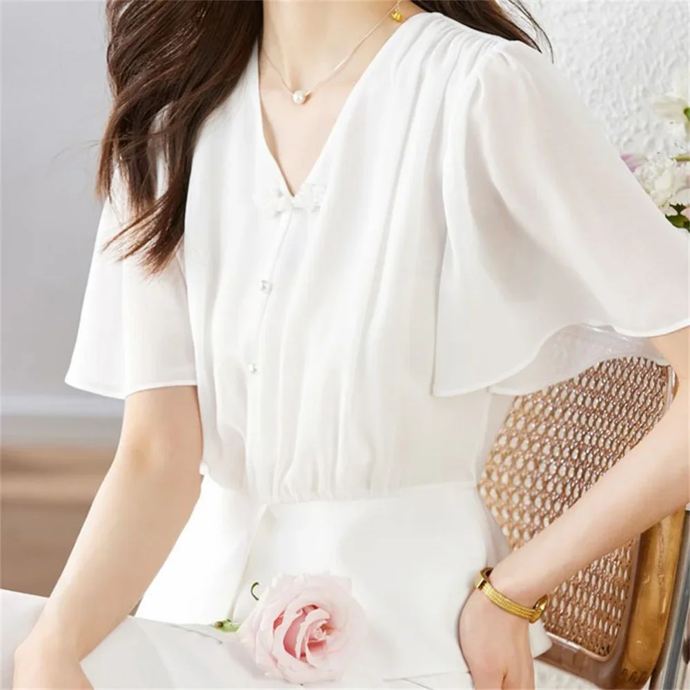 Damesblouse Nieuwe zomer V-hals chiffon overhemd met korte mouwen Chinese stijl Vintage tops Koreaanse mode vrouwelijke shirts
