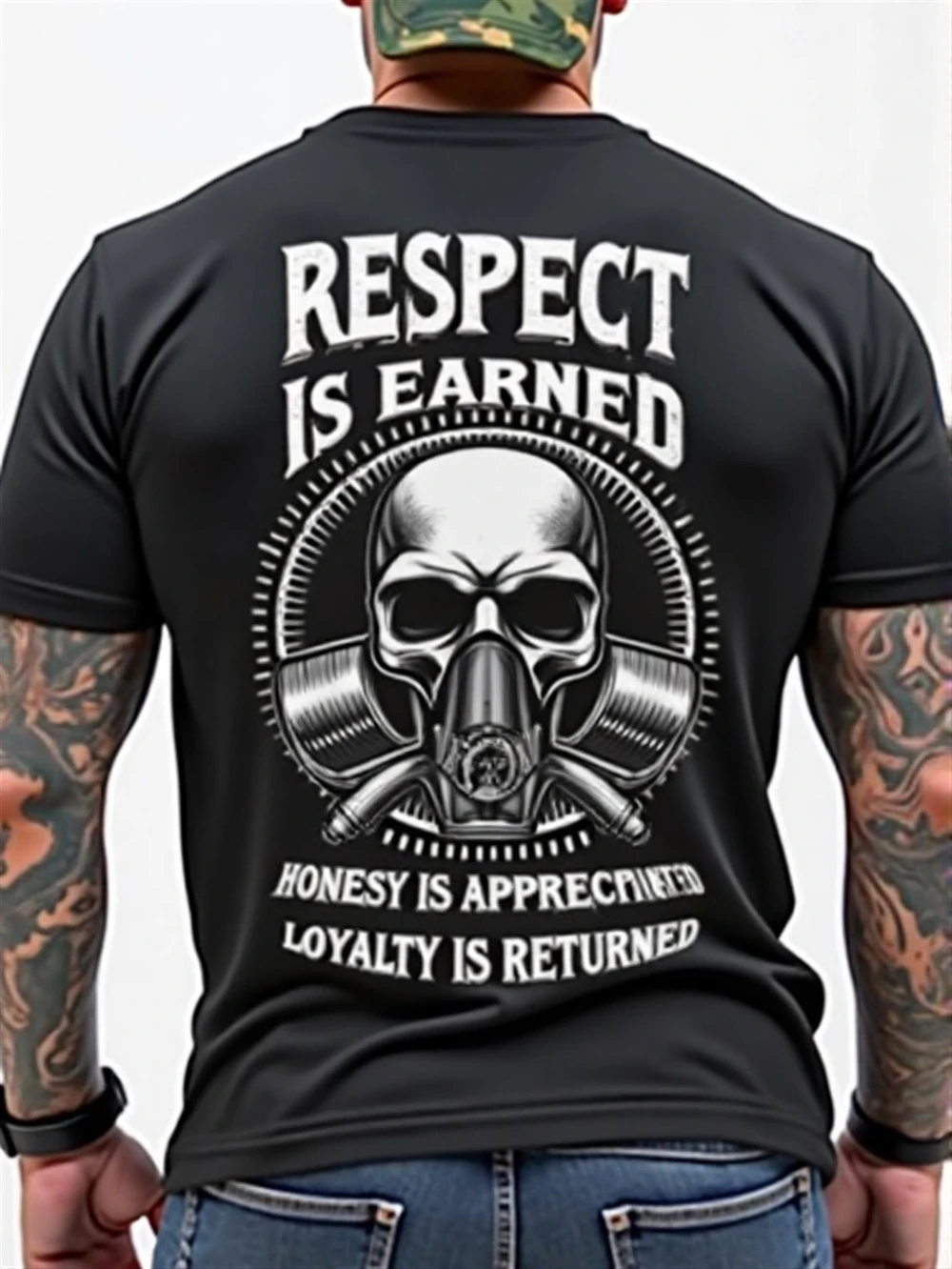 Mens Black Short-Sleeve Tee with Bold Vintage-Inspired Graphic RESPECT IS EARNED Typography Central Skull Motif with Gas Mask