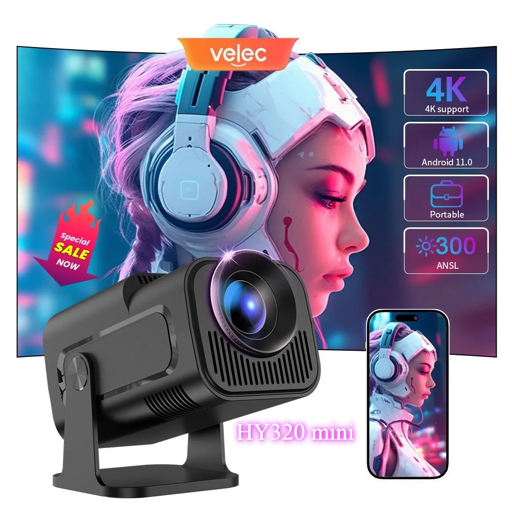 Velec 300 Ansi HY320 Mini-projector Upgrade 4K Android 11 WiFi 6 BT 5.0 Allwinner H713 Thuis Outdoor Draagbare Campingprojector
