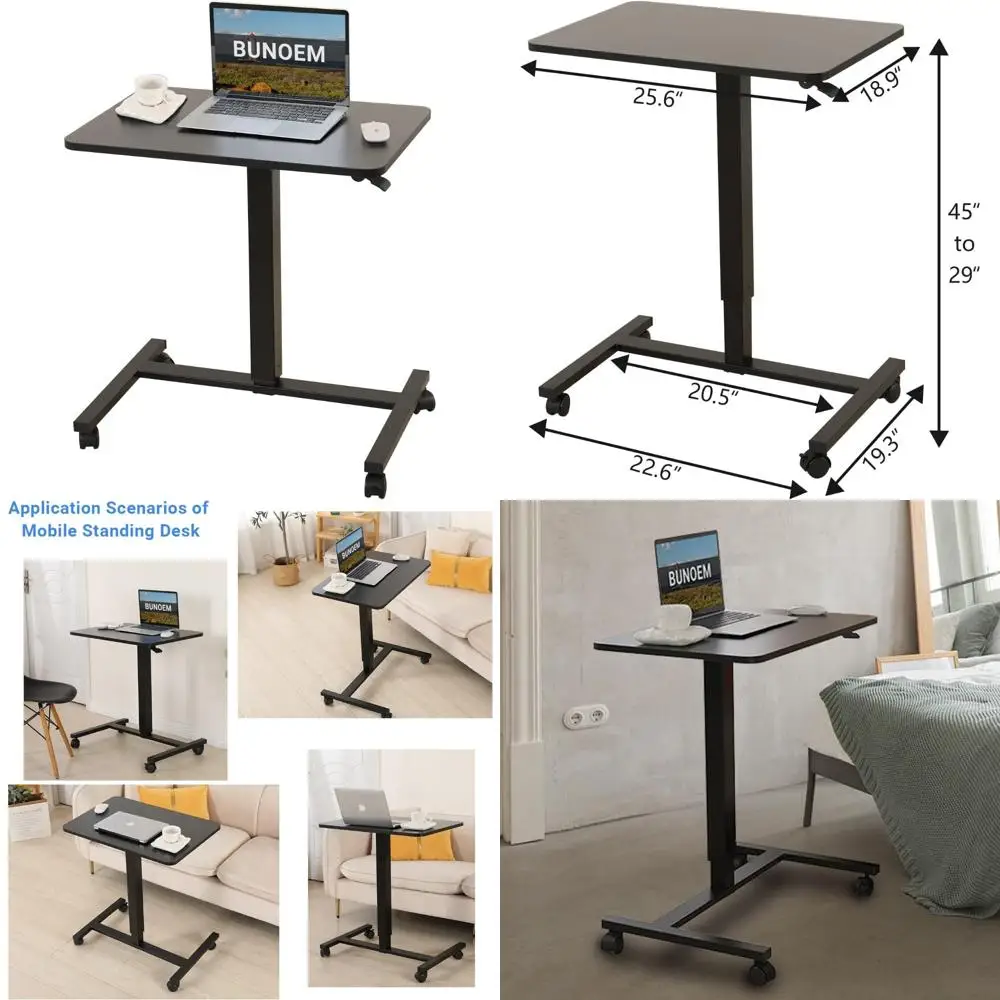 Height-Adjustable Laptop Desk with Pneumatic Sit-Stand Feature, 28x20, Lockable Wheels, and Gas Spring Riser
