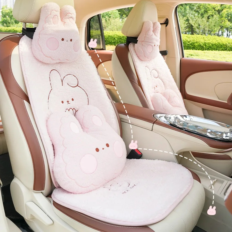 Cute Cartoon Animal Pink Rabbit Car Seat Covers Cushion Cashmere Universal Car Pillow For Womens Auto Interior Decor Accessories