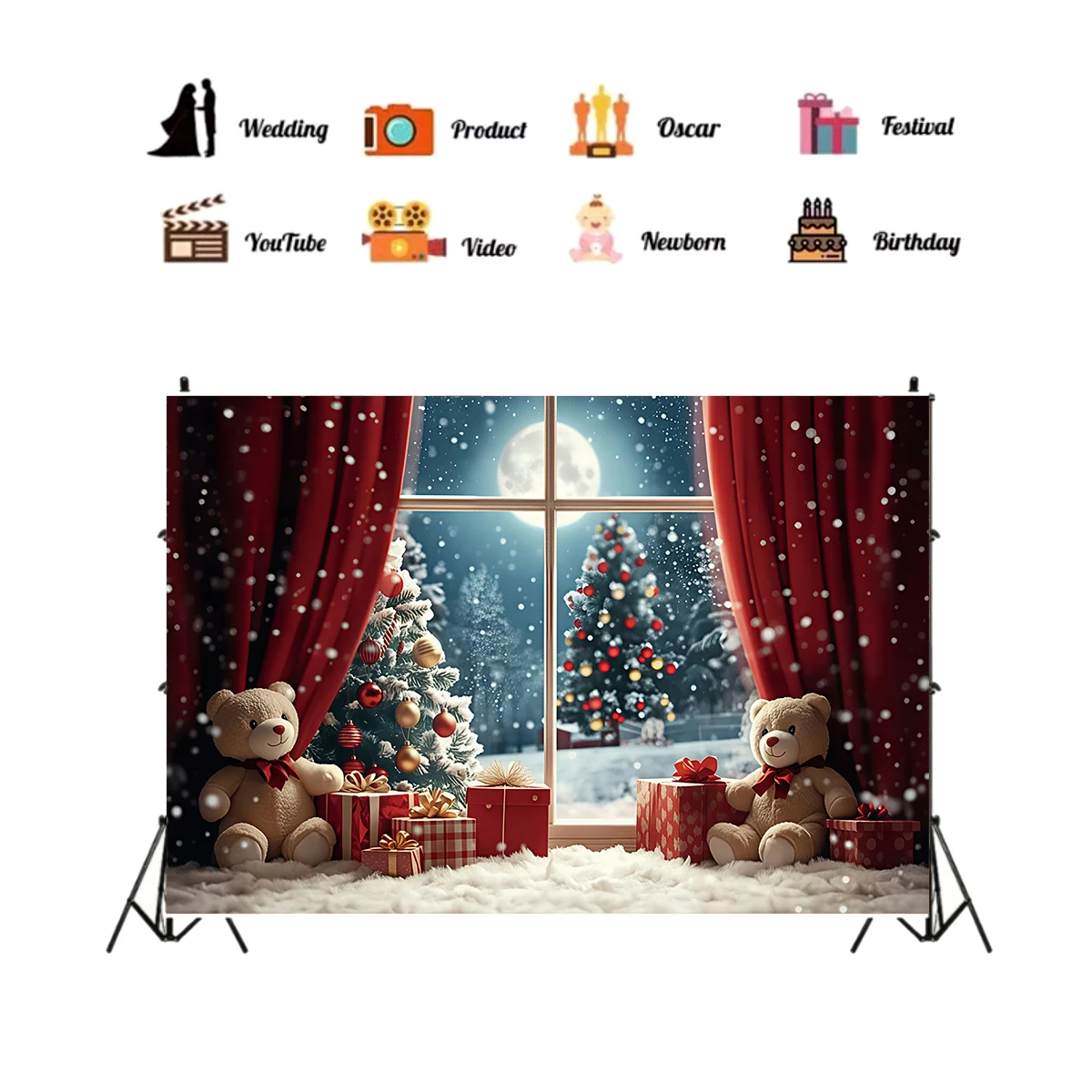 1個のクリスマスレッドカーテンテディベアギフトパターンタペス - Photography Aesthetic のレビューと価格