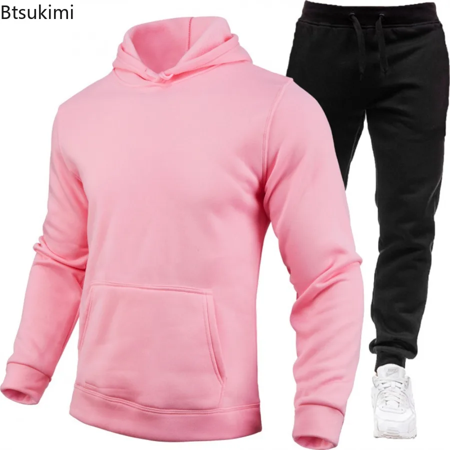 Men's Sports Suit Solid Color Casual Pullover Sweatshirt Long Pants Two-piece Set Spring Autumn Fleece Male Hooded Sweatshirt