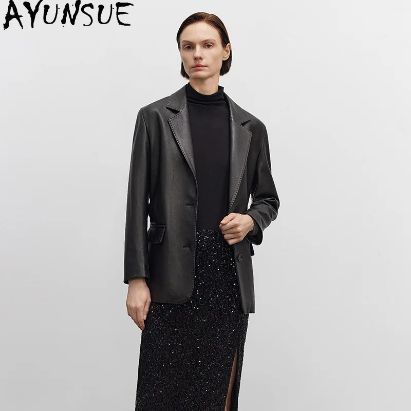 AYUNSUE Giacca in vera pelle di pecora naturale Donna Vintage Nero Giacche da donna Primavera Autunno Vestiti Cintura Jaqueta Couro