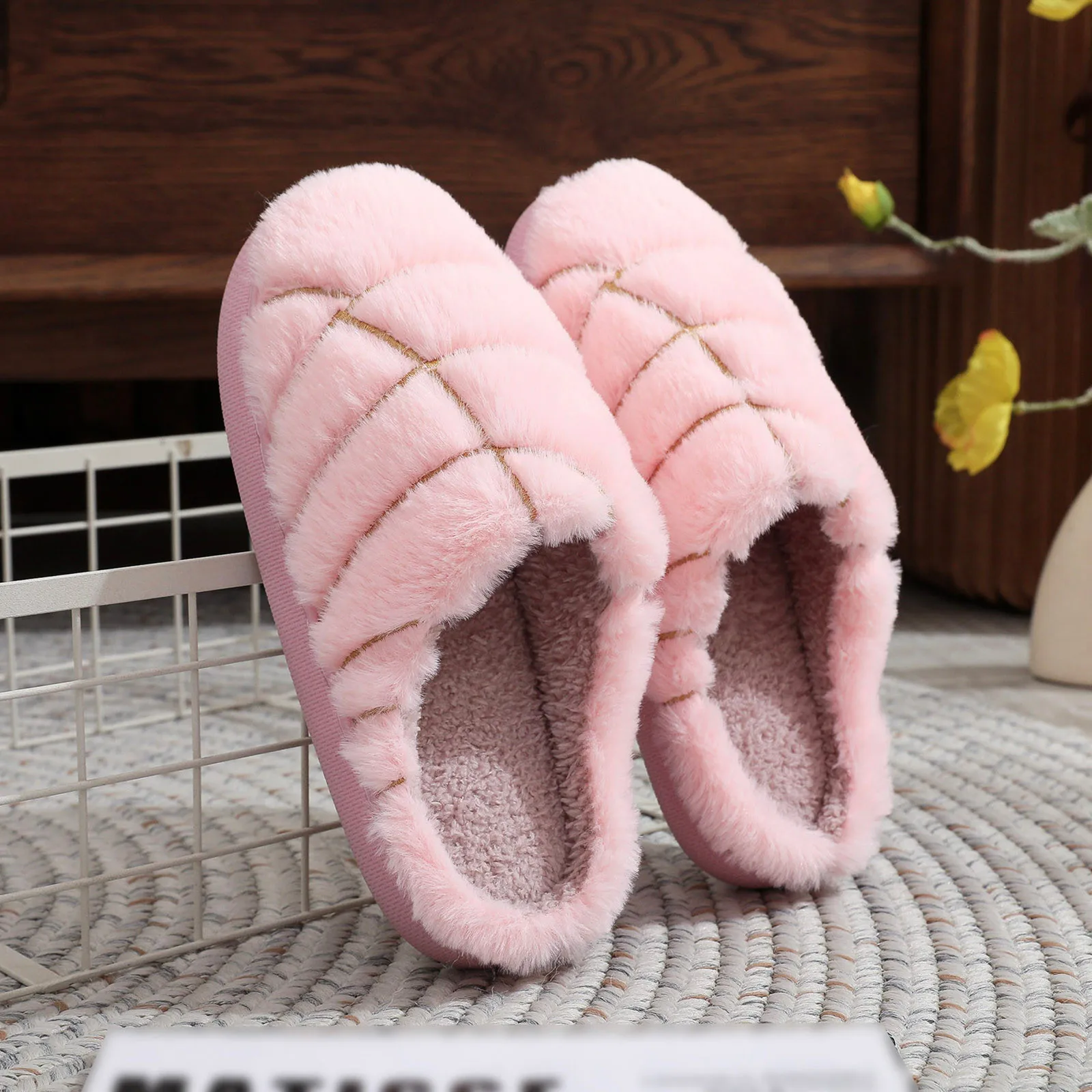 2024 New Men And Women Cotton Slippers Christmas Solid Color Winter Warm Indoor Slippers Bedroom Floor Furry Shoes For Couples