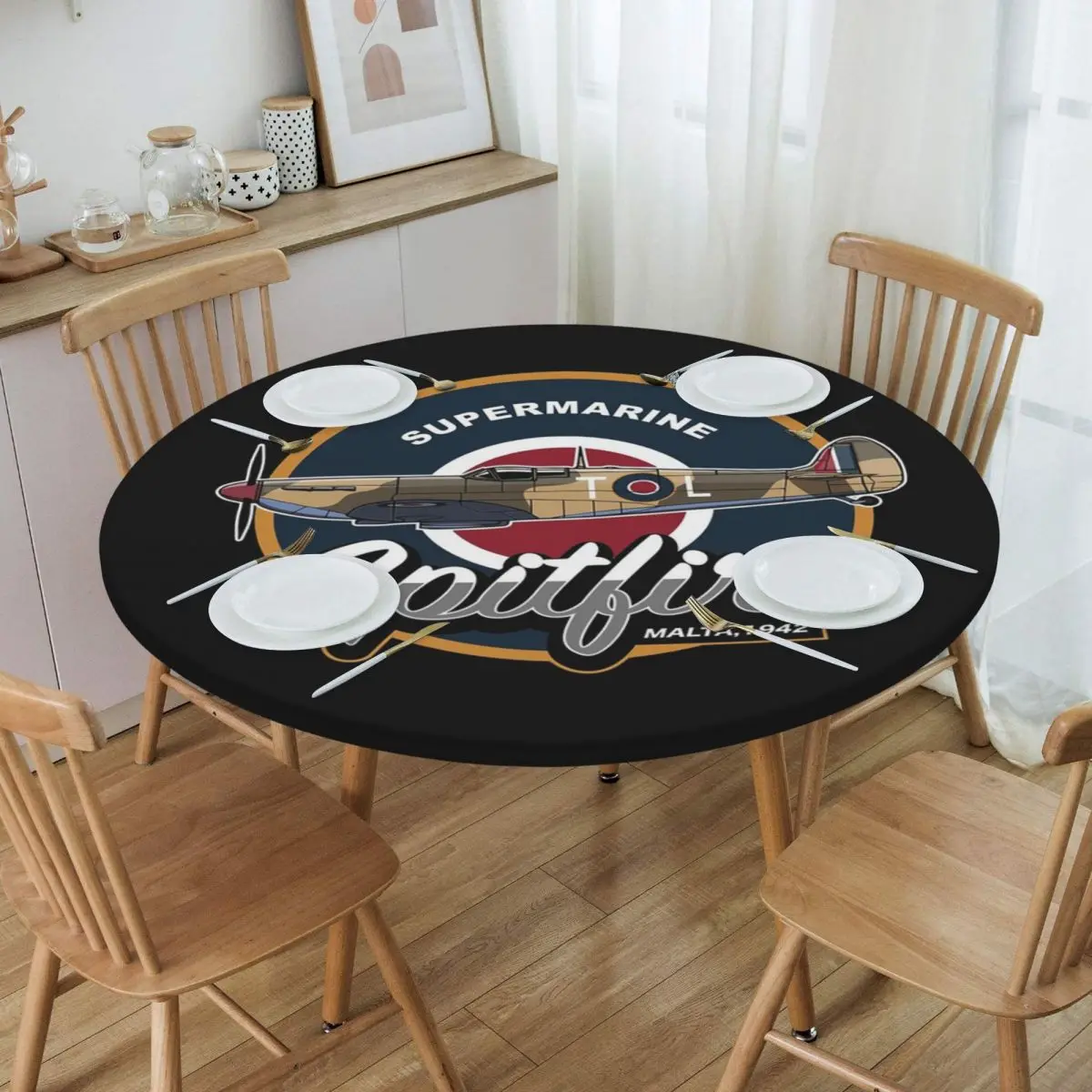 RAF Supermarine Spitfire Fighter Aircraft Plane Airplane Round Tablecloth Oilproof Table Cloth Kitchen Events Dining Table Cover