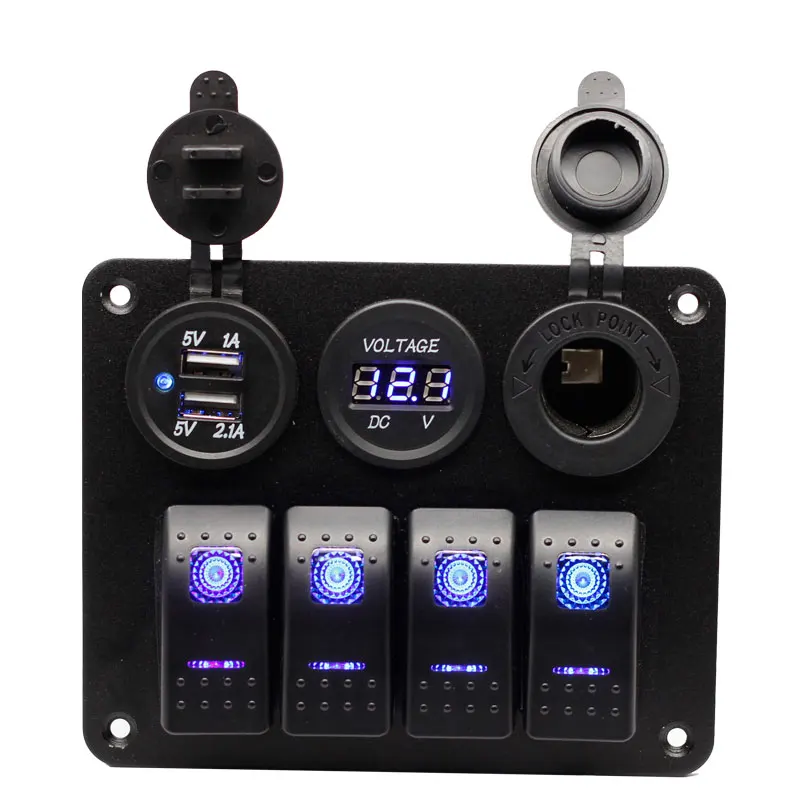 12v 24v 4 Gang Rocker Switch Panel ON Off LED Light Switch with 3.1A USB Digital Voltmeter Cigarette Lighter Socket