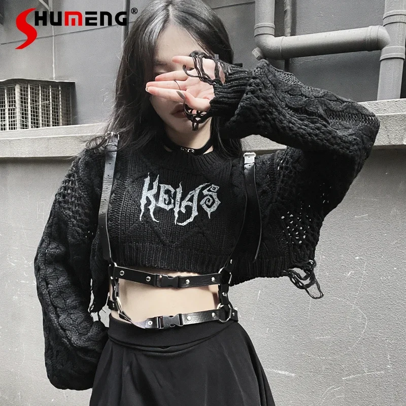 

Hot Girl Y2k Aesthetic Black Expose Navel Sweaters Women Autumn Dark Goth Streetwear Fashion Loose Knitted Pullover Top Mujer