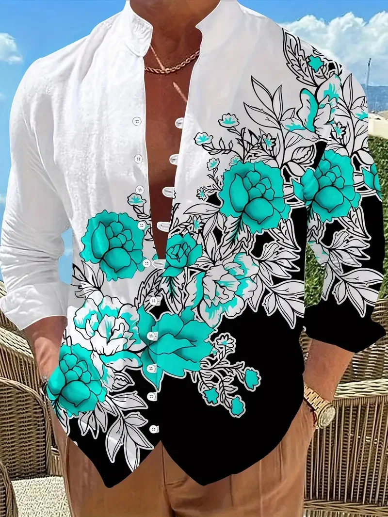 

New Spring Autumn Casual Plant Flowers White Shirt Loose Men's Flower Long Sleeve Soft Comfortable Shirt Button Vintage Top