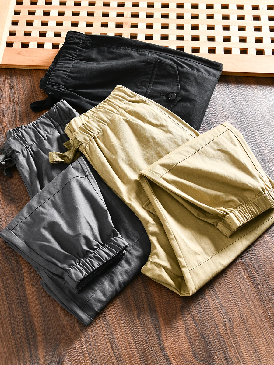 Washed Pure Cotton Japanese Style Workwear Loose Fit Casual Trousers for Men Autumn Season Elastic Waist Baggy Cuffed Pants