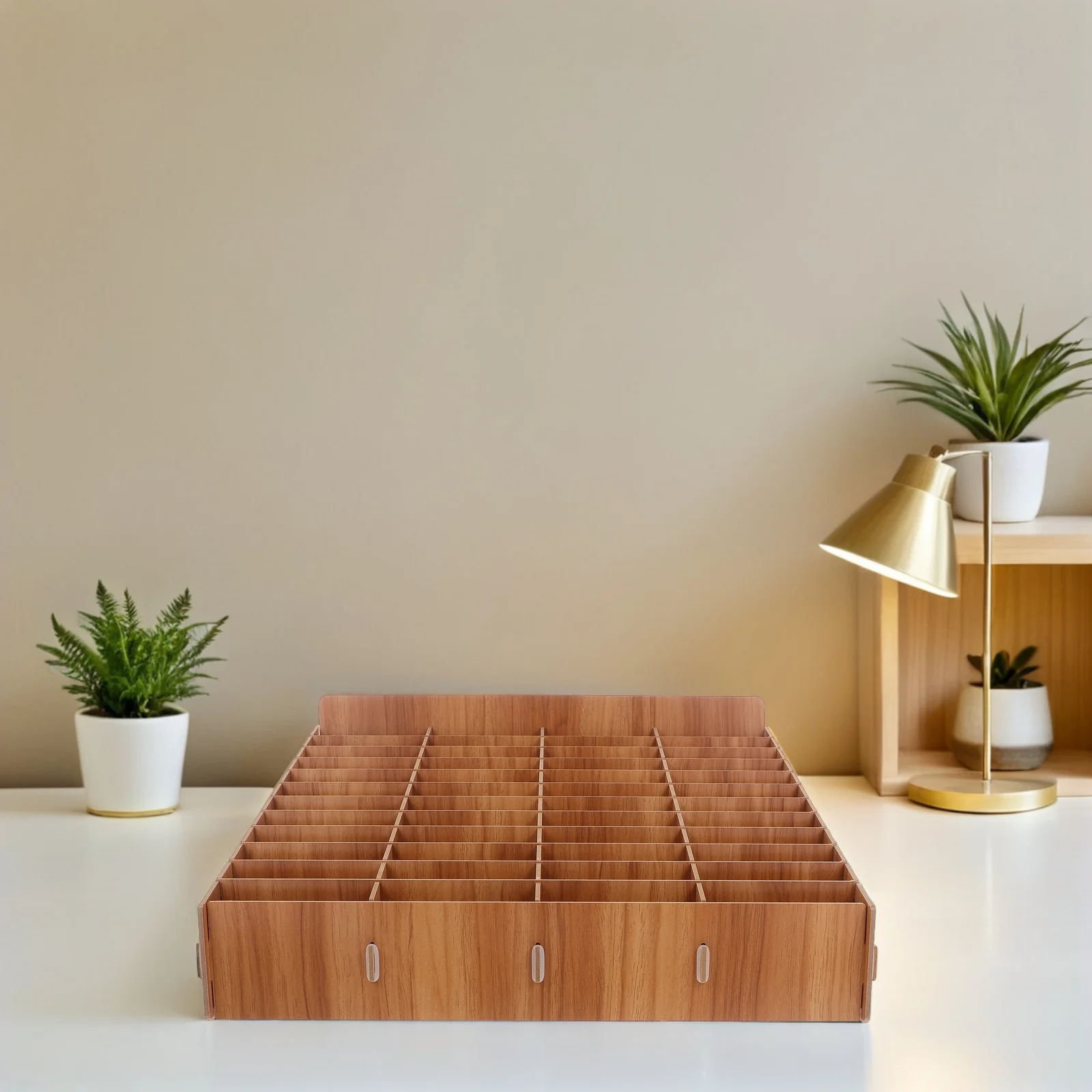 48 Grid Wooden Cell Phone Organizer Rack Mobile Phone Storage Box for Classroom Office Desk Brown Wooden Desk Storage Box