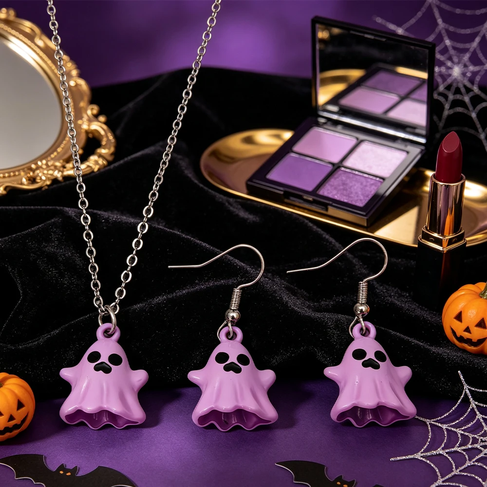 Fun Little Ghost Pendant Jewelry Set, Multiple Colors Available, Festive Photo-Taking Atmosphere Earrings and Necklace Set, Halloween Sweet-Cool Party Outfit Two-Piece Set