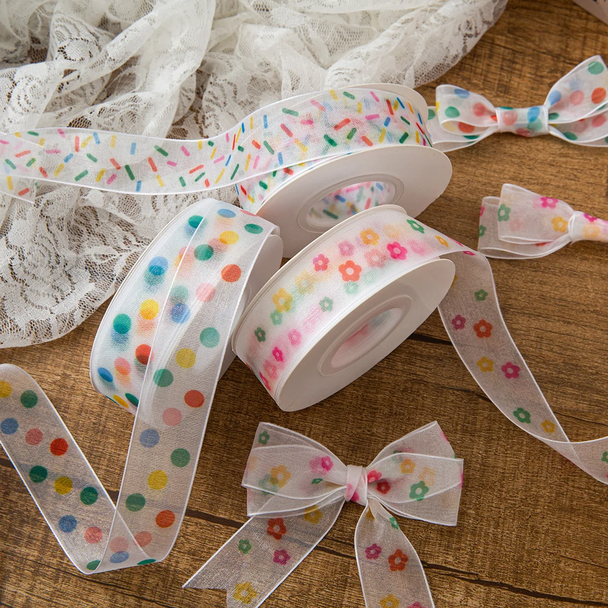 

Polka Dot Printed Organza Ribbon For Packing Bow Handmade Materials DIY Accessories Gift Box Wrapping Ribbon Wedding Decoration