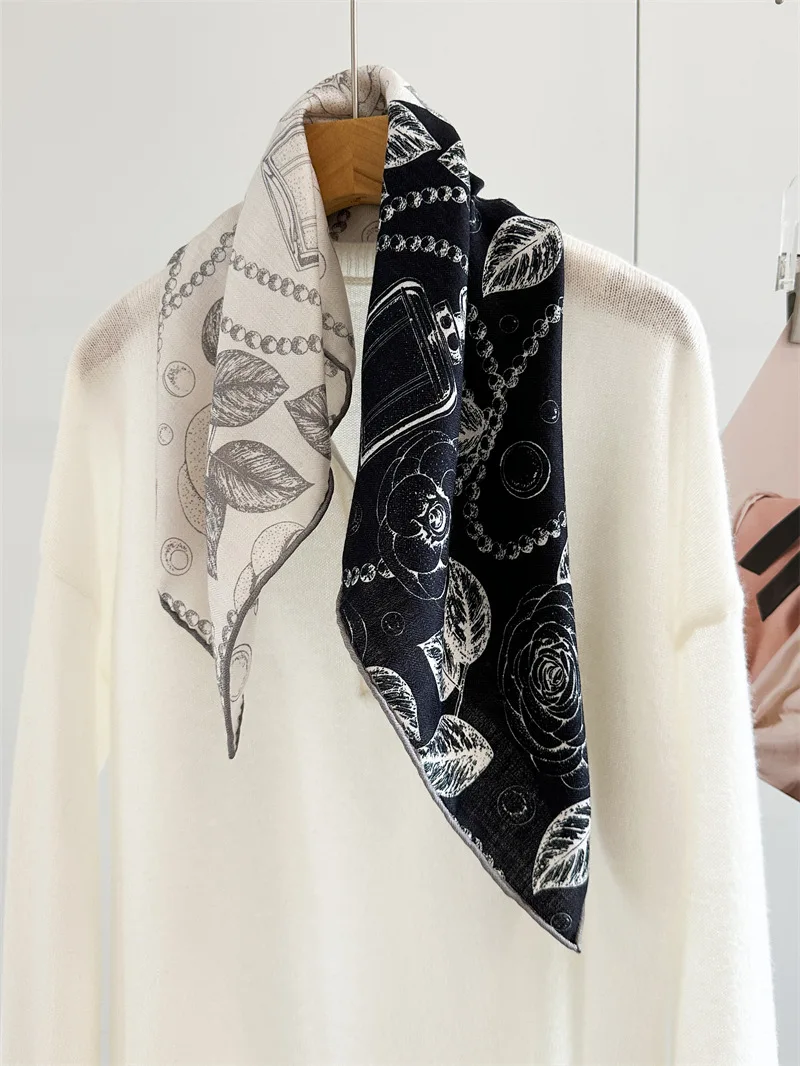 

70% Wool 30% Silk Square Scarf for Women Elegant Luxury Brand Black White Print Patchwork Neck Scarves Winter Neck Warmer
