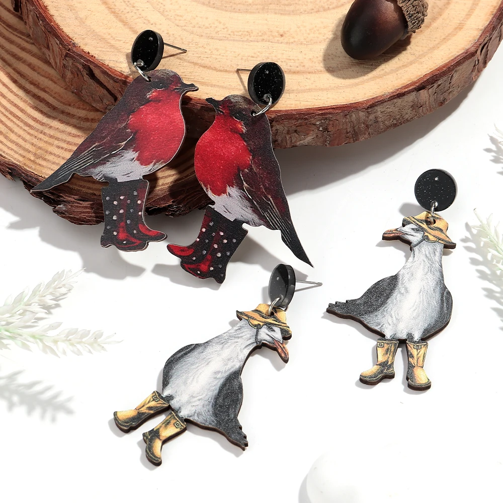 New Lovely Magpie Cowboy Duck Wooden Earrings for Women Cute Cartooon Birds Monkey Animals Drop Earring Funny Jewelry Gifts