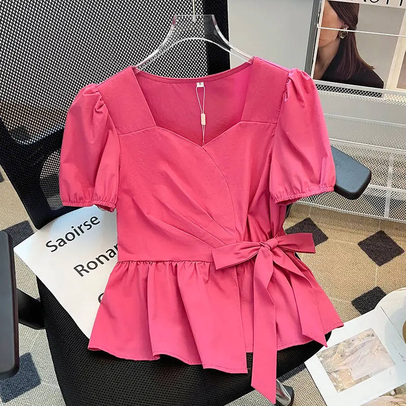 French shirt women's 2024 summer new design sense pleated side bow strap loose fashion temperament slim top. women tops