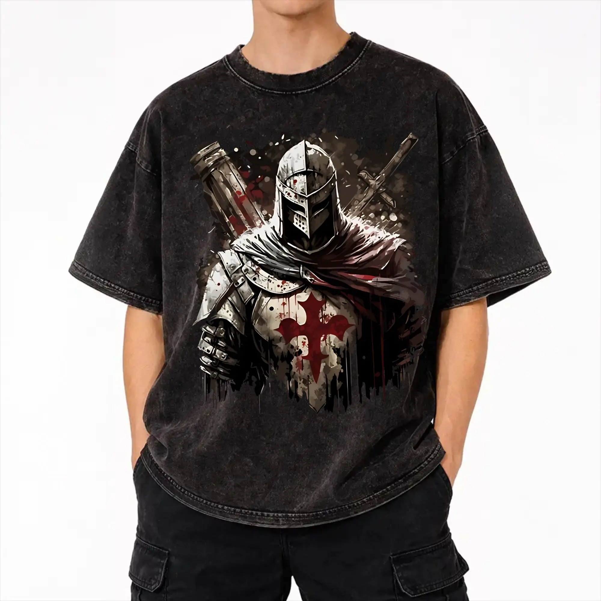 Graphic Printed Templar Cross Knights Washed Shirt Outfit Harajuku T-Shirts  Men Women Tee Shirt