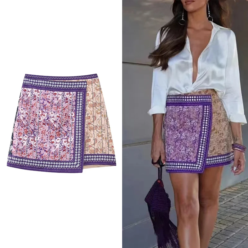 UETEEY Floral Wrap Skirt Woman Vintage Print Boho Mini Skirt For Women High Waist Short Skirts Ladies 2024 Summer Elegant Skirts