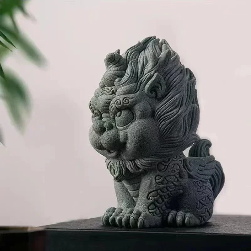 Chinese-style Rui Beast Lucky pixiu Statuette Green Sand Stone Art Sculpture Home Room, Office, Aquarium Feng Shui Decorations