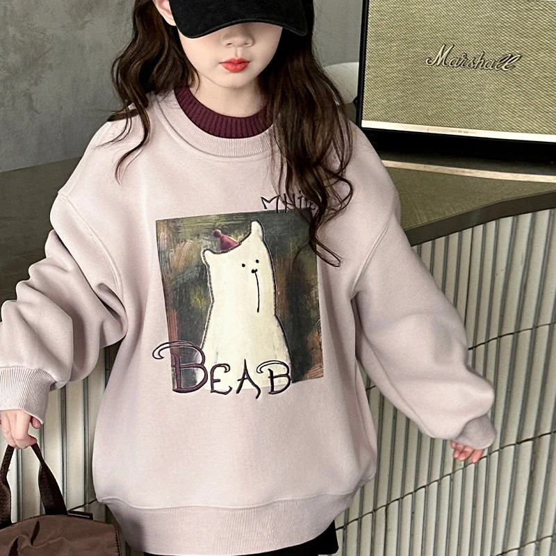 Korean Style Children Sweatshirt With a Bear Print for Girls Long Sleeve Winter Thermal Tshirt Tops Loose Clothes for Teens Kids