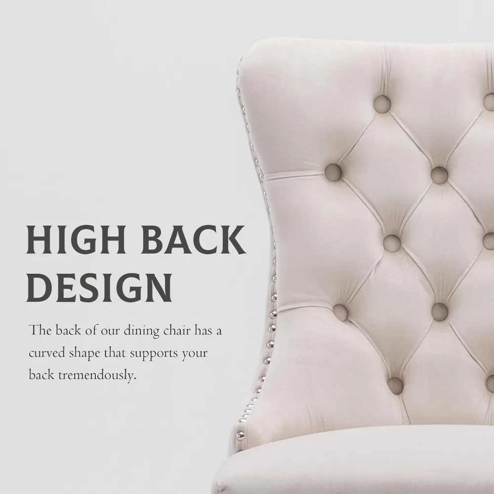 طقم كراسي طعام مخملية مكون من 6 كراسي منجدة لغرفة الطعام مع كراسي جانبية للمطبخ مع زخرفة رأس الأظافر وأرجل خشبية