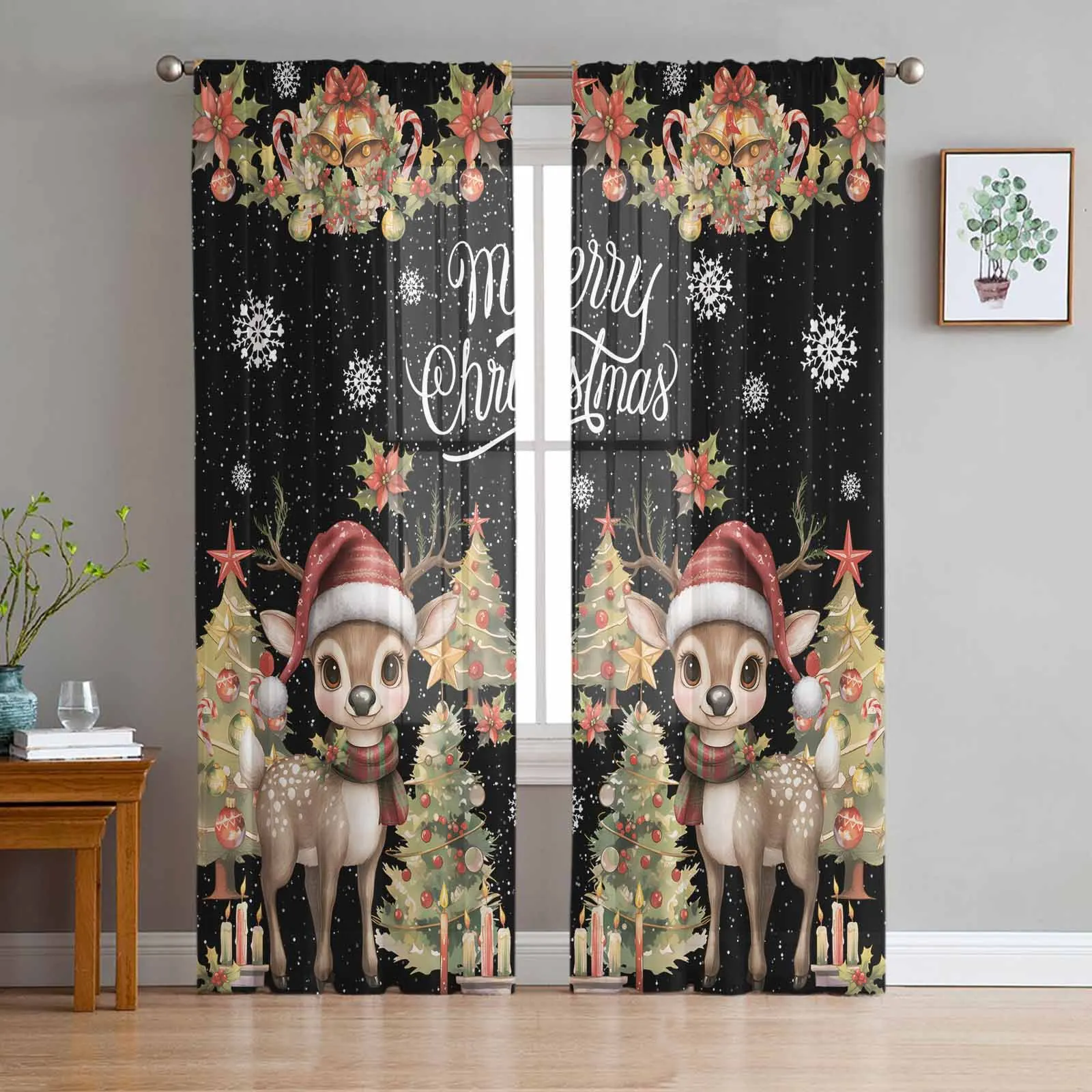 Christmas Winter Bell Wreath Deer Curtains Decorations For Home Window Tulle Curtains For Living Room Bedroom