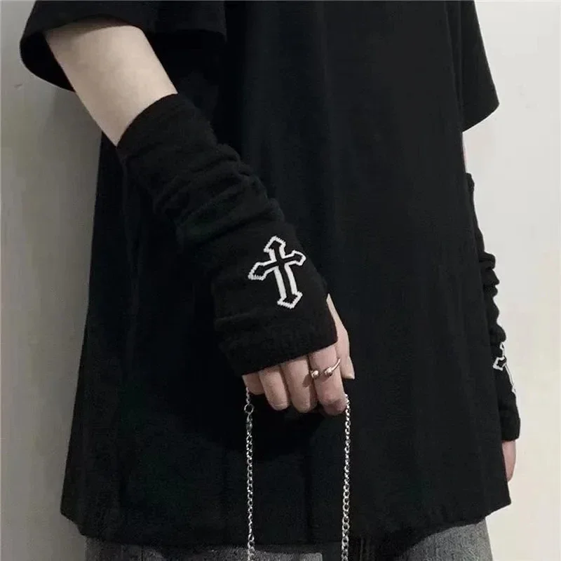 Punk Cross Pentacle Moon Pattern Long Fingerless Gloves Gothic Black Cuff Women Men Ninja Outdoor  Elbow Mittens Arm Warmers