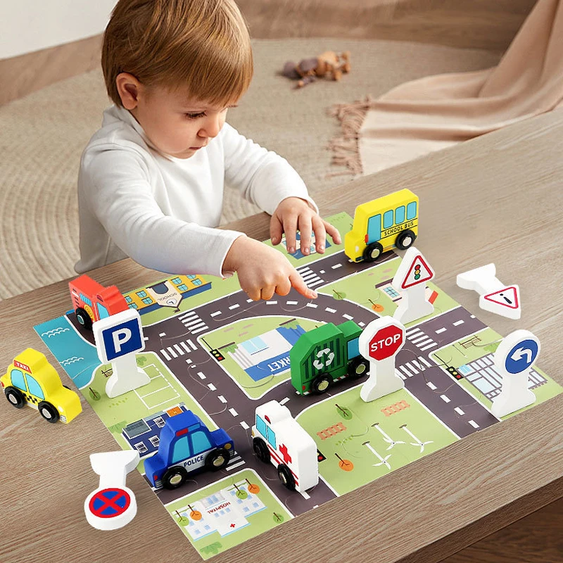 Wooden Inertia Toy Car Set, Children's Cartoon Animal Building Blocks 3d Puzzle Education Traffic Scene Cognition Toy, XT261