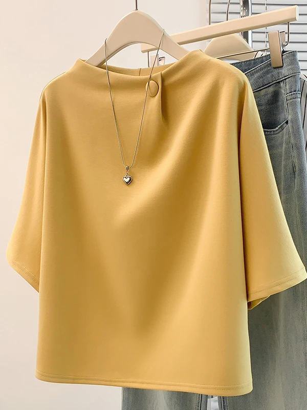 

Fashionable Korean Design T-Shirt Short Sleeve Age-Defying plus Size Women's Top Casual Commute Style Loose Fit Button Detail