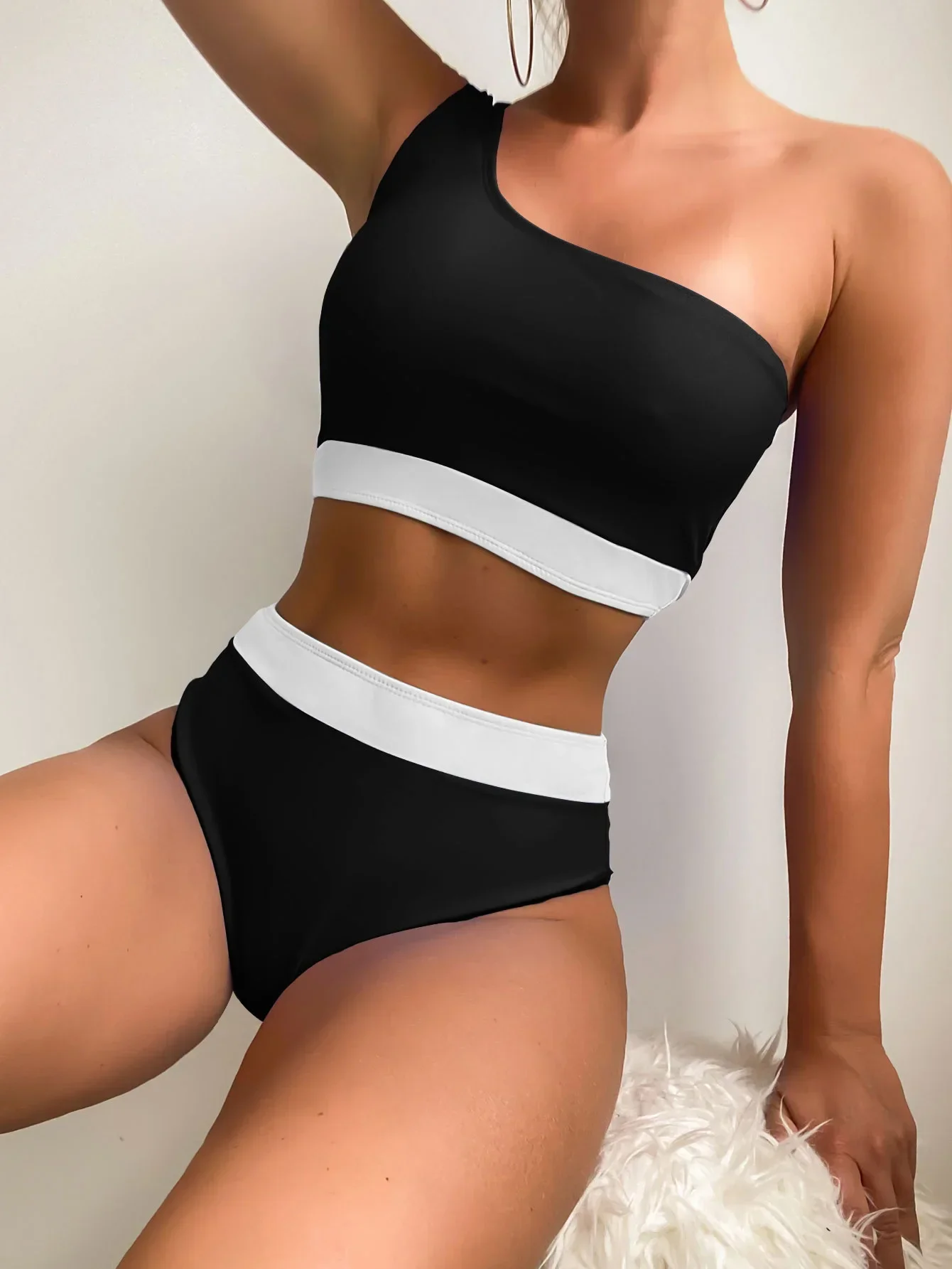 

Patchwork Bikini Women 2025 Solid Color High Waist 2 Piece Swimsuit Single Shoulder Tankini Backless Beach Bathing Suit PXZH227