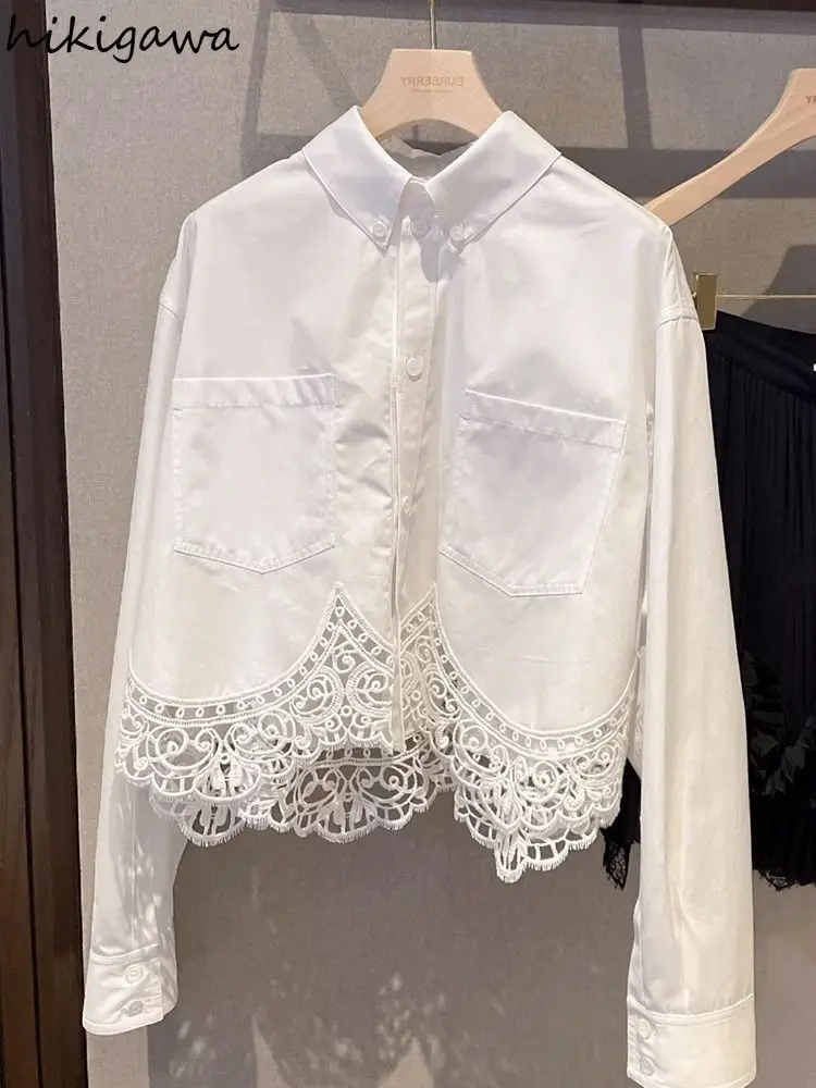 Fashion Long Sleeve Blouse Women Korean White Shirts 2024 Blusas Mujer De Moda Hollow Out Crop Tops Vintage Elegant Blouses