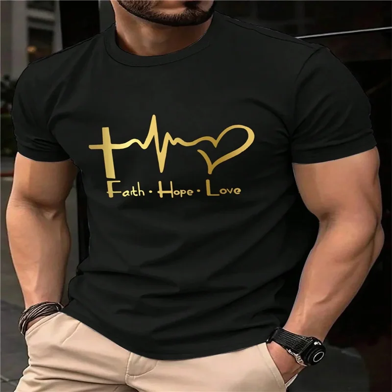 T-shirt d'été pour hommes, 100% coton, décontracté, à la mode, grande taille, imprimé FAITH HOPE LOVE, col rond, manches courtes, haut de sport