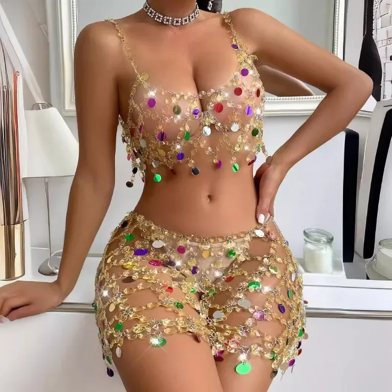 

Colorful Sequins Crystal Diamonds Hollow Out Chain 2 Piece Set Women Camis Crop Tops + Mini Skirts Club Party Stage Dress Suits