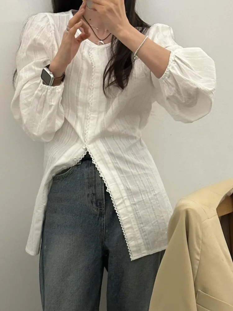 Chic Cotton Jacquard Women Shirts High Waist Single-breasted Fashion Lace Stripes Puff Long Sleeve Shirt Streetwear Lady Blouse