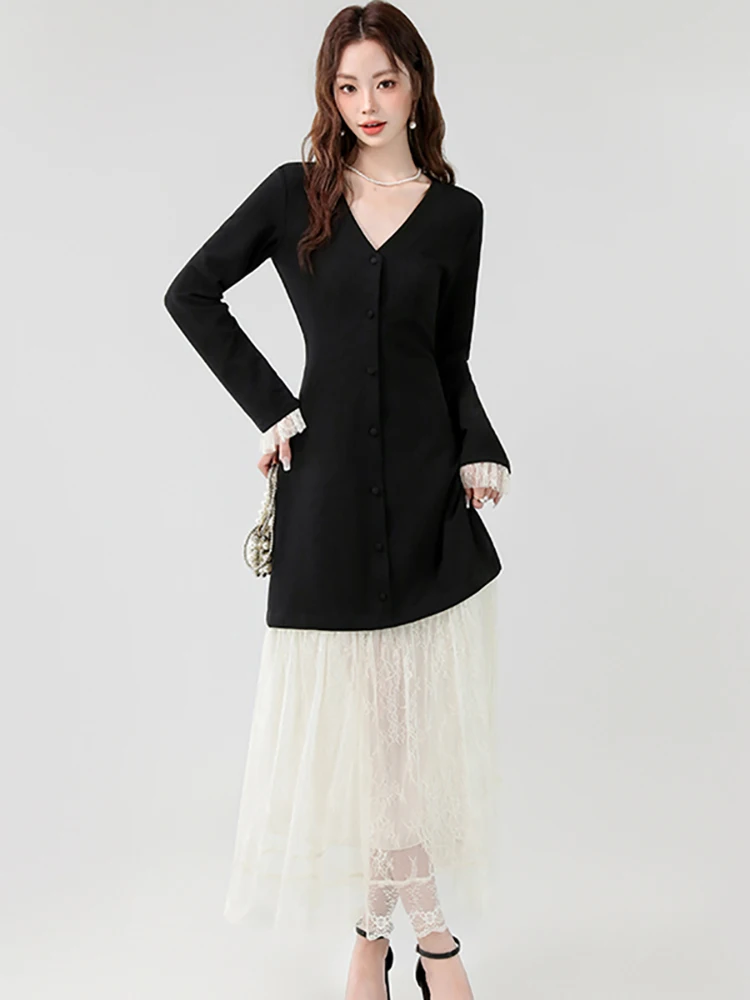 

2025 черное вязаное лоскутное белое кружевное длинное платье, осеннее элегантное роскошное вечернее платье, женское корейское винтажное вечернее платье Хепберн