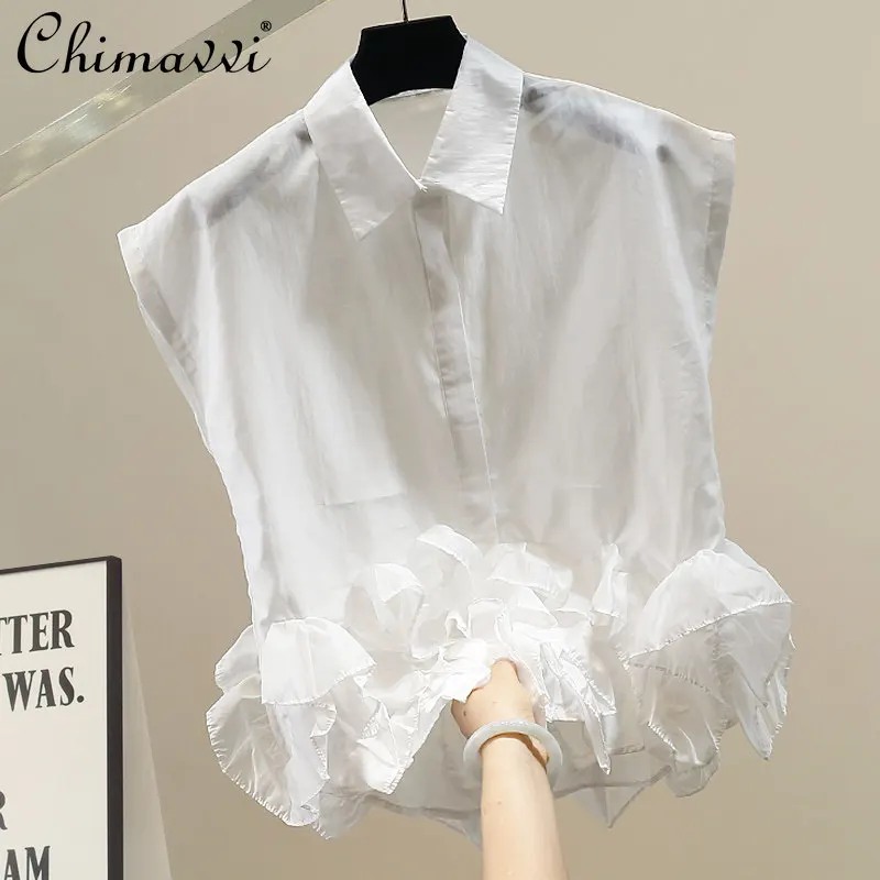 

Korean Fashion Heavy Ruffles Sleeveless Shirt Women's Spring and Summer New Women's Elegant Lapel Slim-fit Lace Blouse Tops