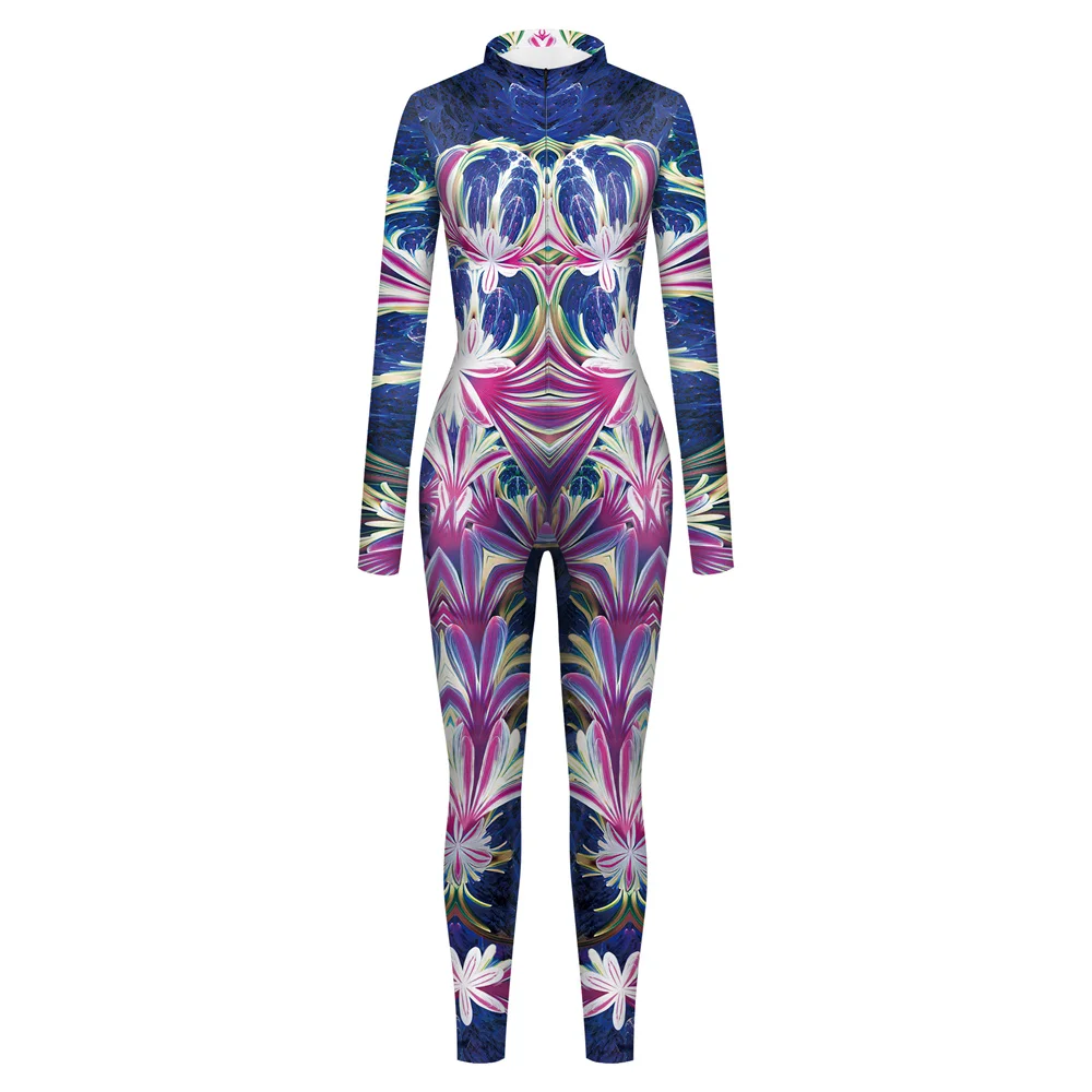 FCCEXIO Flower 3D Print Catsuit Woman Front Zipper Jumpsuit Zentai Bodysuit Game Party Costume Female Cosplay Outfit Monos Mujer