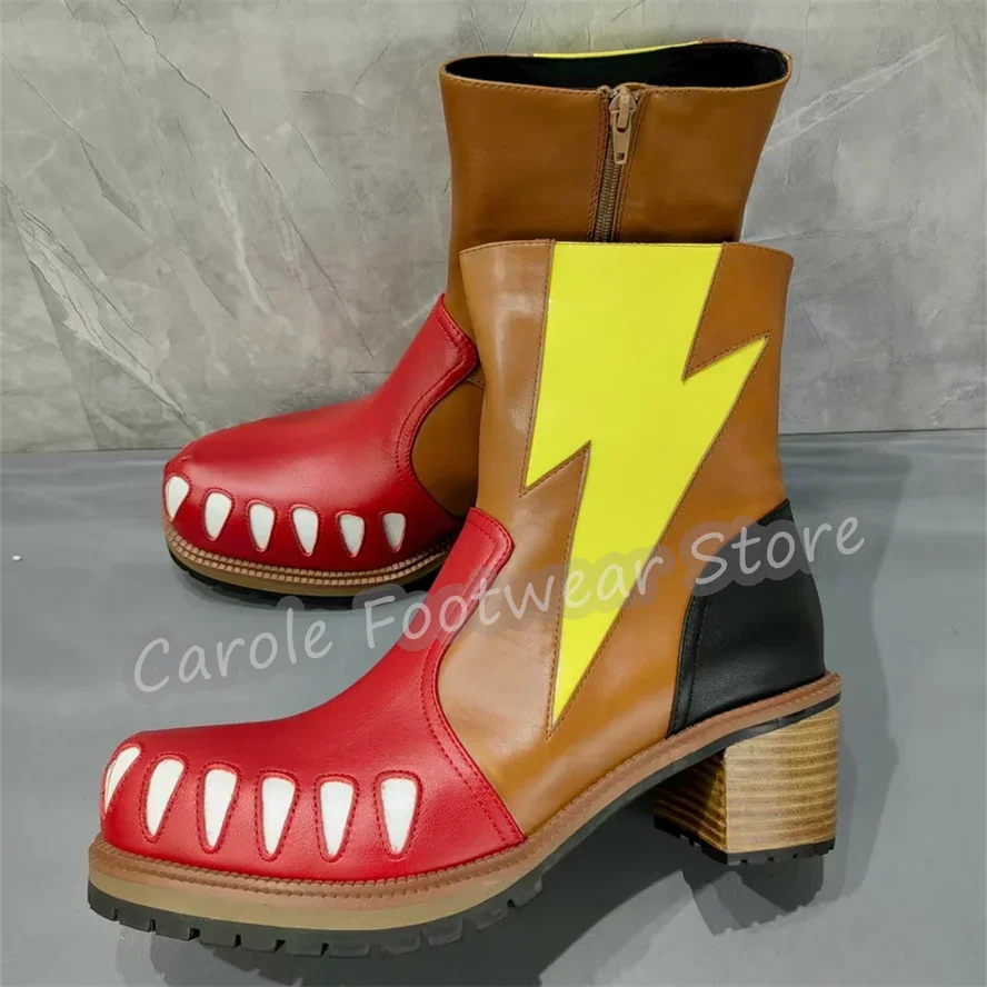 Monster Teeth Design Male Mixed Color Leather Boots Side Zipper Chunky Heel Mid-Calf Boots Outside High Top Casual Shoes for Men