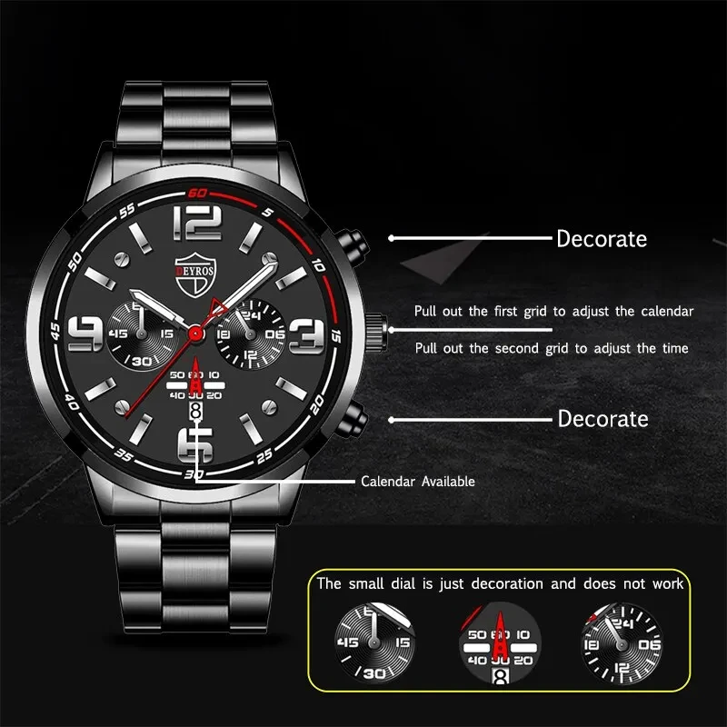 DEYROS Fashion Mens Watches Luxury Black Stainless Steel Quartz Wrist Watch Man Business Watch for Men Calendar Reloj Hombre