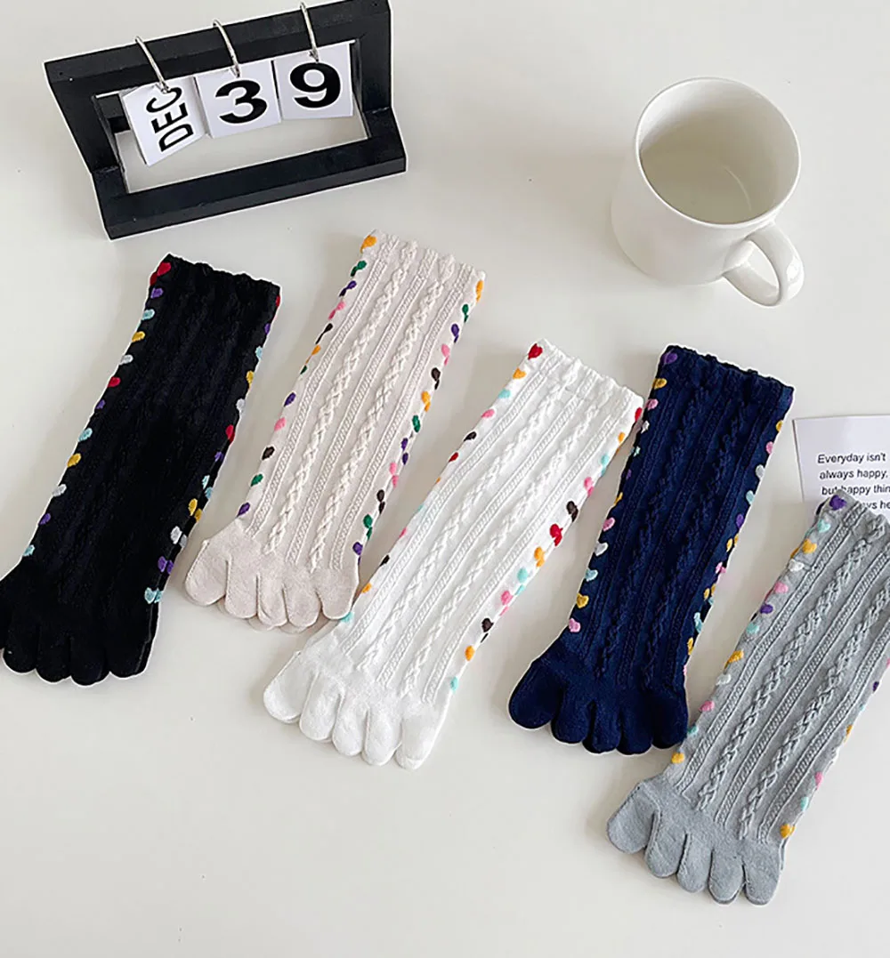 Ins Colorful Heart Braid Five Finger Socks For Women Spring Autumn Middle Tube Cotton Socks Breathable Crew Socks Streetwear