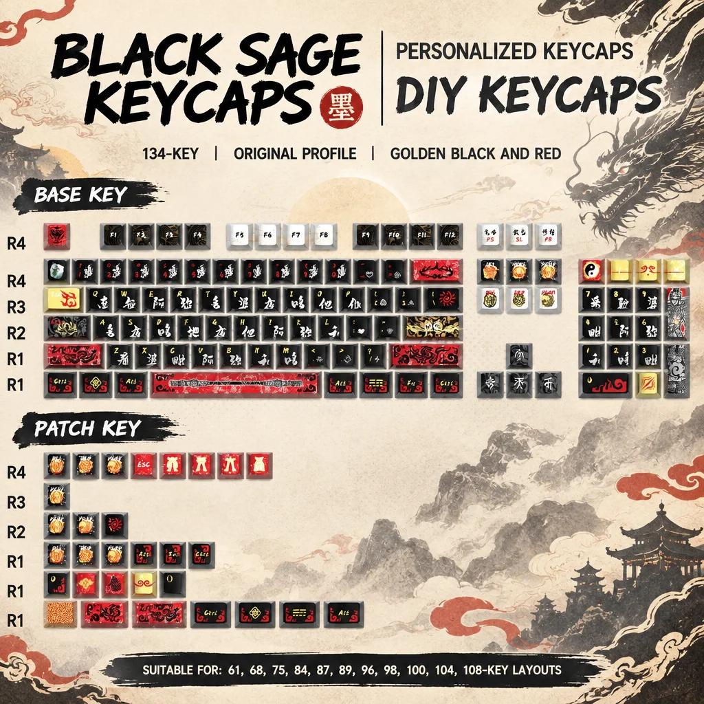 Black Myth: Wukong PBT Keycaps,Metallic Paint Chinese Style Cherry Profile Key Cap For MX Switches Gaming Mechanical Keyboard