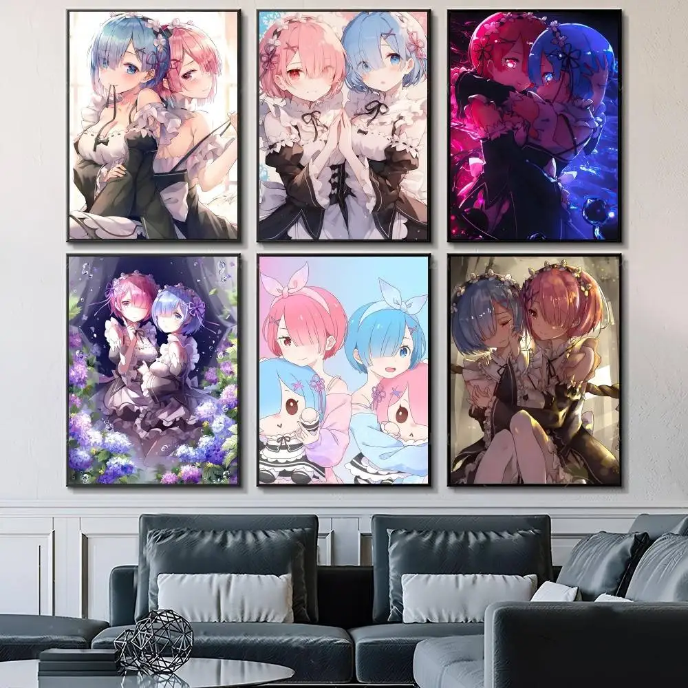 Anime Characters R-Re Z-Zero R-Rem and R-Ram Posters Fancy Wall Sticker for Living Room Bar Decoration Wall Decor