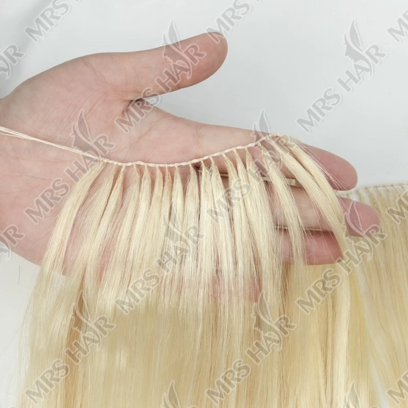 Estensioni dei capelli con piume invisibili Fasci di capelli con punta di piume Capelli umani biondi lisci Cuci nella trama dei capelli Microring 40 cm 100 fili