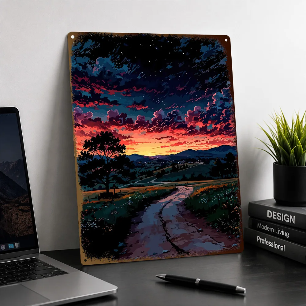 Sunset Country Road Landscape Textured Poster Customized Metal Tin Sign Bold Serene Horizon Wall Art Perfect For Reading Nooks